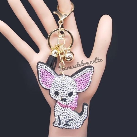 Chihuahua Dog Crystal Rhinestone Keychain Bag Charm With Black Tassel - Picture 1 of 17